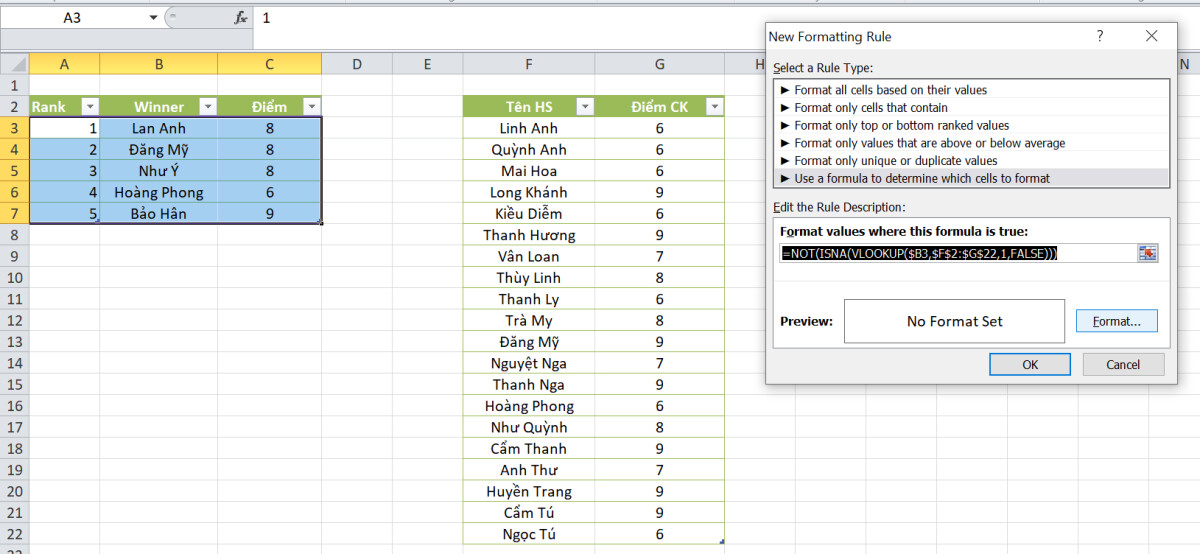 Hướng dẫn sử dụng hàm VLOOKUP vào định dạng có điều kiện trong Excel